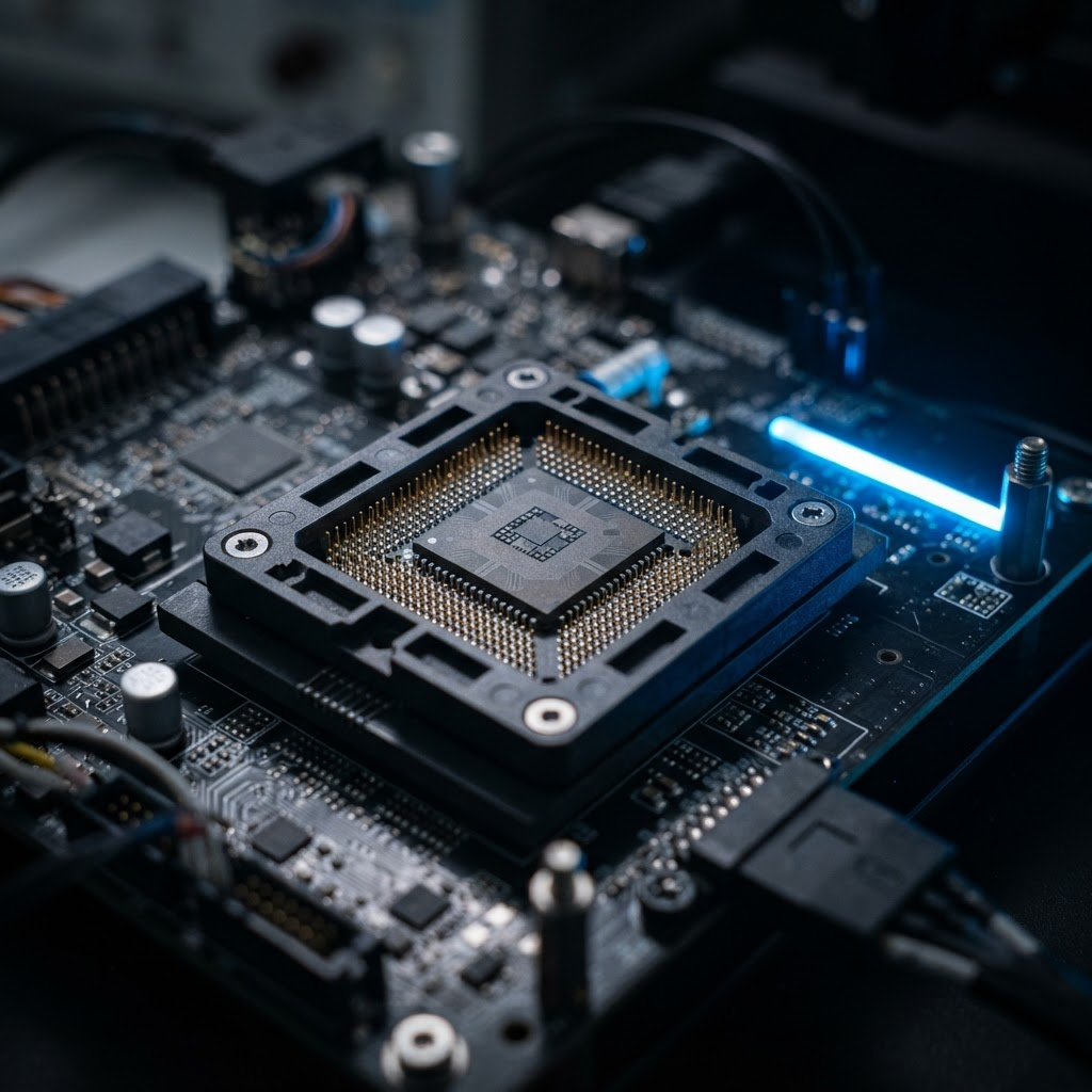 Integrated circuit package seated in a precision test socket