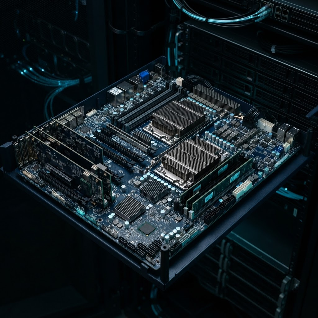 High-density data-center server board with heatsinks and memory slots